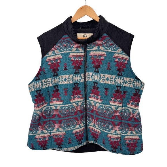 Outback Trading Co Full Zip Maybelle‎ Vest Mens 3X Black Blue Aztec Print Wool - Picture 1 of 11